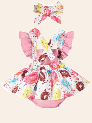 2 pcs Baby Donut Print Ruffle Trim Bodysuit & Headband