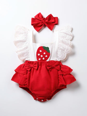 2 Pcs Infant Baby Girl Red Strawberry Lace Ruffle Bodysuit