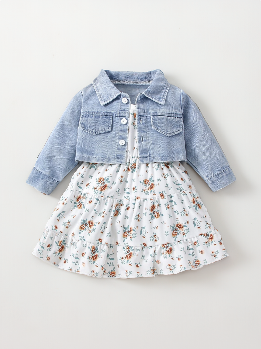 2 Pcs Toddler Baby Girl Ditsy Floral Layered Cami Dress with Blue Denim Crop Jacket