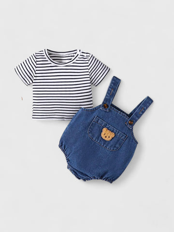 2 Pc Baby Boy Stripe Tee & Denim Overalls