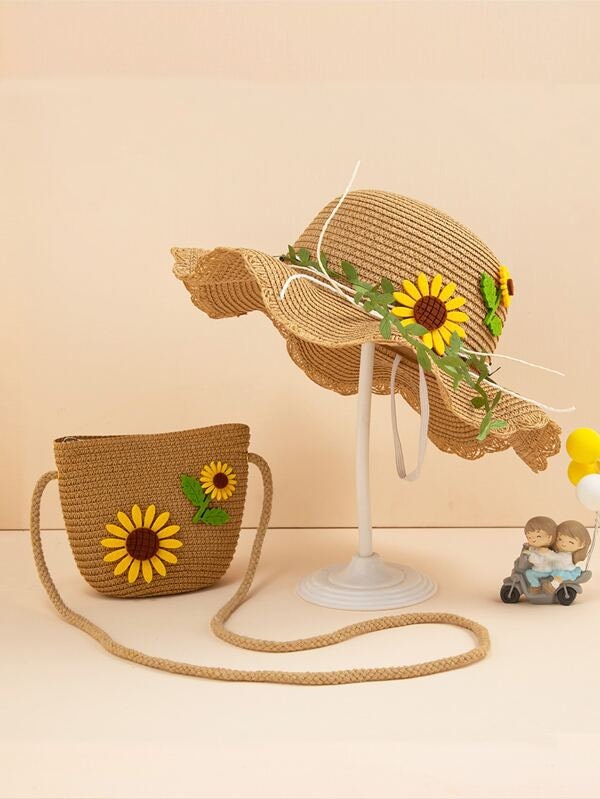 2 pcs set Toddler Girls Spring Summer Sunflower Straw Hat Matching bag | Gift for little Girls |