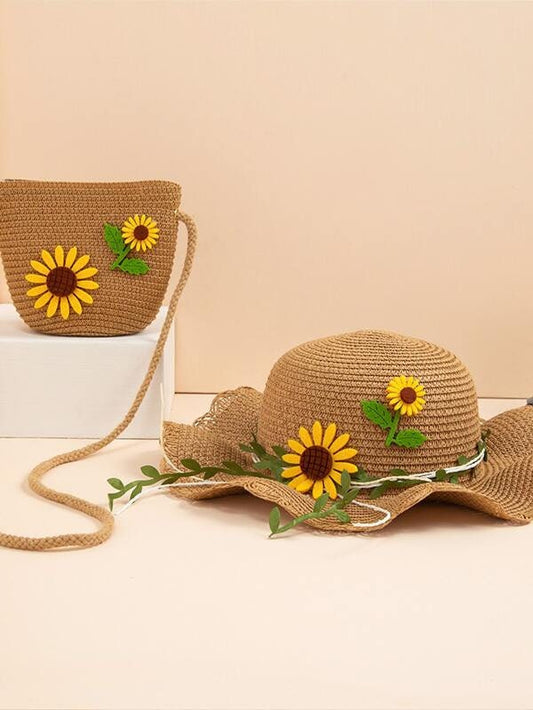 2 pcs set Toddler Girls Spring Summer Sunflower Straw Hat Matching bag | Gift for little Girls |