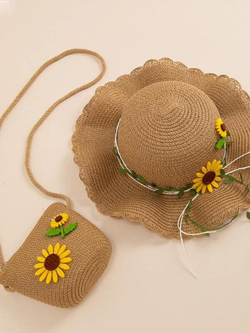 2 pcs set Toddler Girls Spring Summer Sunflower Straw Hat Matching bag | Gift for little Girls |