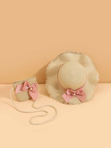 2 pcs set Toddler Girls Straw Hat Matching bag With Big Satin Pink Bow and Pearl