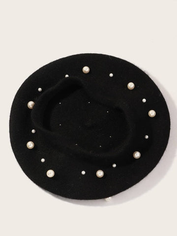 Girls Kids Toddler Black Felt French Beret with Faux Pearls Hat for Fall Winter Gifts for Girls Chic Fashionable Paris