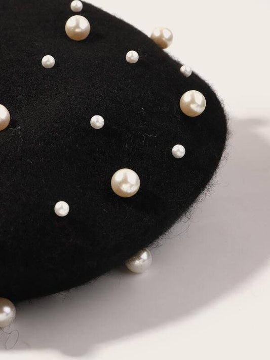 Girls Kids Toddler Black Felt French Beret with Faux Pearls Hat for Fall Winter Gifts for Girls Chic Fashionable Paris