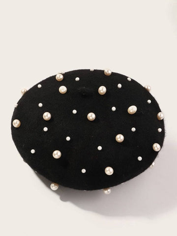 Girls Kids Toddler Black Felt French Beret with Faux Pearls Hat for Fall Winter Gifts for Girls Chic Fashionable Paris