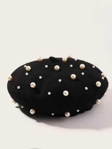 Girls Kids Toddler Black Felt French Beret with Faux Pearls Hat for Fall Winter Gifts for Girls Chic Fashionable Paris