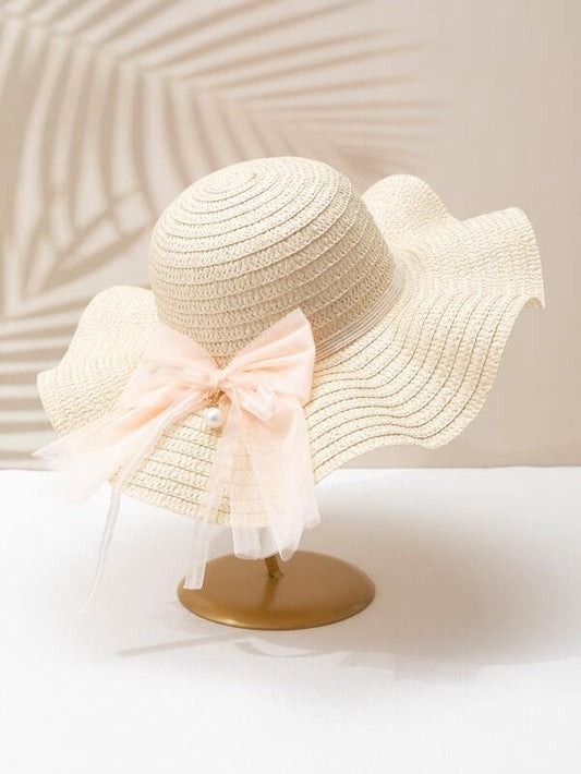 Little Girls Summer Spring Blush Pink Bow Tulle Straw Hat | Gift for little girls | Bendable Beach Hat | Flower Girl Wedding Party Lace bow