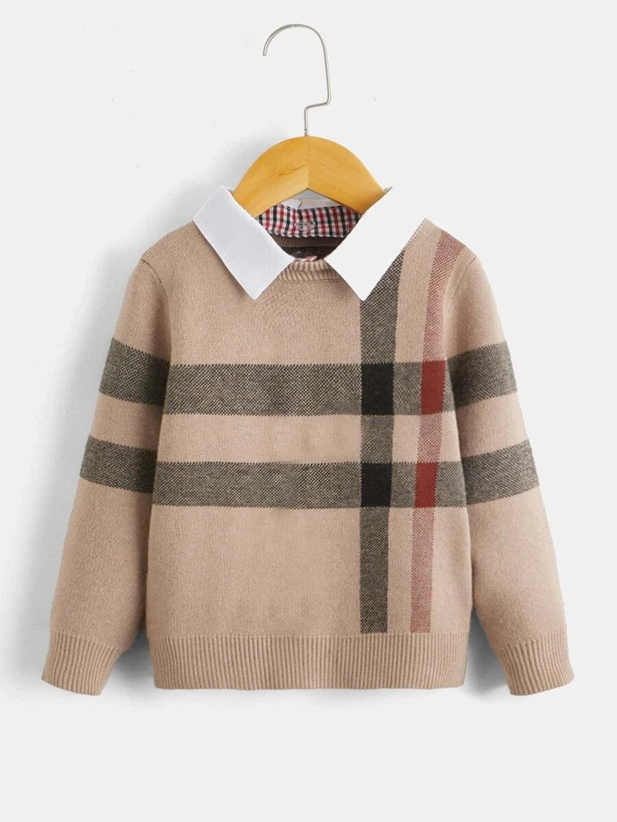 Toddler Boys Plaid Crew neck Knit Collared Sweater