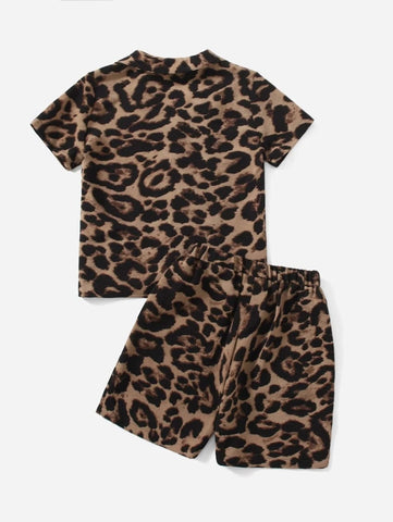 2 Piece Toddler Boys Leopard Print Button up Shirt and Shorts Set