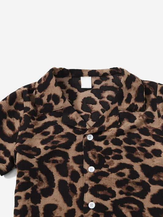 2 Piece Toddler Boys Leopard Print Button up Shirt and Shorts Set