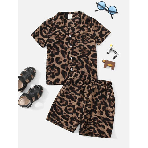 2 Piece Toddler Boys Leopard Print Button up Shirt and Shorts Set