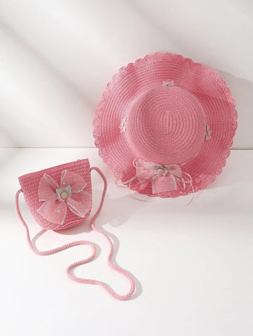 2 pcs set Toddler Girls PINK Straw Hat with Matching bag