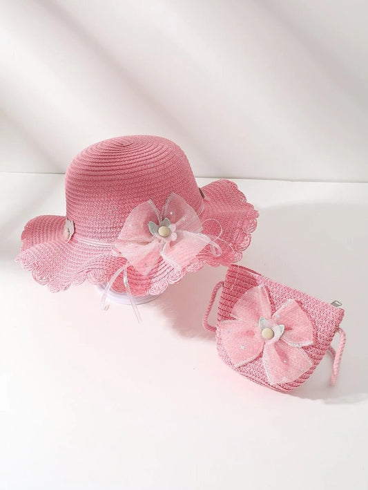 2 pcs set Toddler Girls PINK Straw Hat with Matching bag