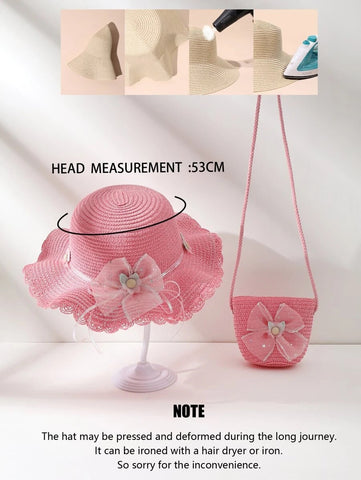 2 pcs set Toddler Girls PINK Straw Hat with Matching bag