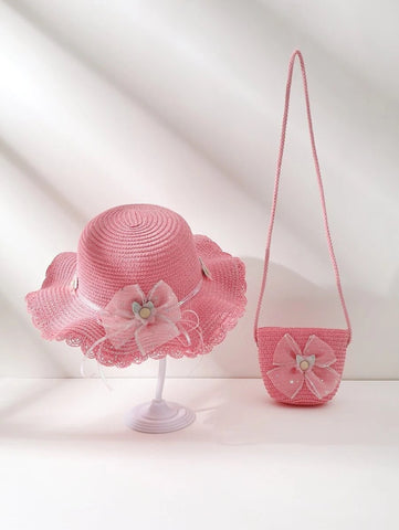 2 pcs set Toddler Girls PINK Straw Hat with Matching bag