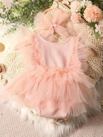 2 Piece Infant Baby Girl Dreamy Romantic Bodysuit Dress with Headband