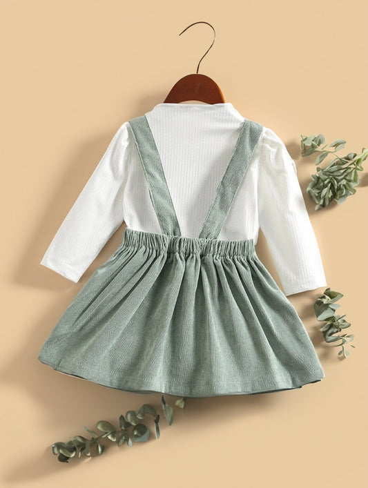 2 Pcs Baby Girl Ruffle Corduroy Pinafore Skirt with Rib Long shirt