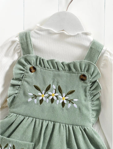 2 Pcs Baby Girl Ruffle Corduroy Pinafore Skirt with Rib Long shirt