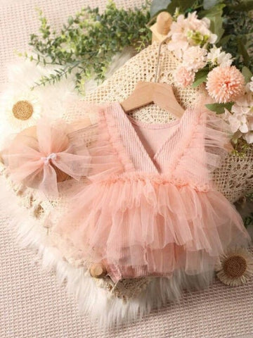 2 Piece Infant Baby Girl Dreamy Romantic Bodysuit Dress with Headband