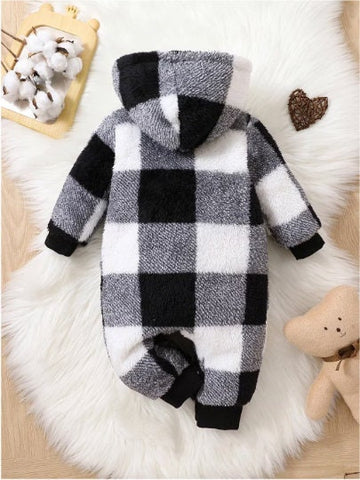 Baby Cozy Soft Buffalo Plaid Red White Black Hooded Jumpsuit Onesie Warm Winter for babies