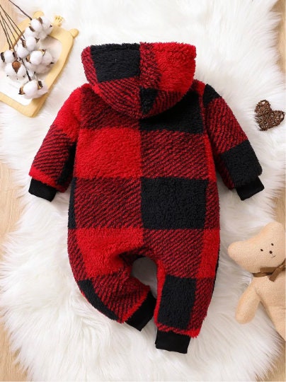 Baby Cozy Soft Buffalo Plaid Red White Black Hooded Jumpsuit Onesie Warm Winter for babies