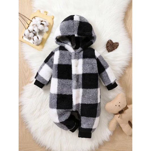 Baby Cozy Soft Buffalo Plaid Red White Black Hooded Jumpsuit Onesie Warm Winter for babies