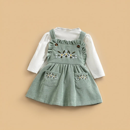 2 Pcs Baby Girl Ruffle Corduroy Pinafore Skirt with Rib Long shirt